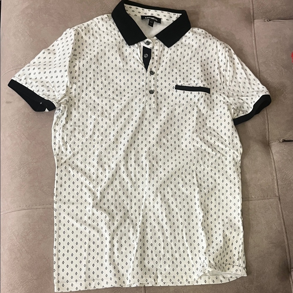 Express White and Black Patterned Polo Shirt